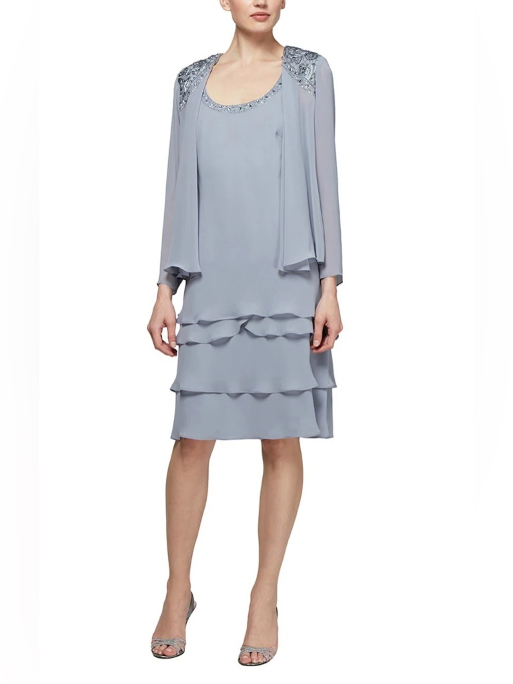 NWT SLNY Blue Chiffon Tiered Jacket Dress with Beaded Shoulder Detail 16P